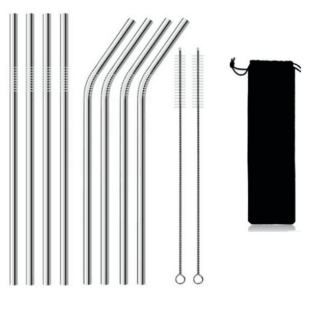 8x Stainless Steel Metal Drinking Straw Straws Bent Washable Reusable+2x Brush